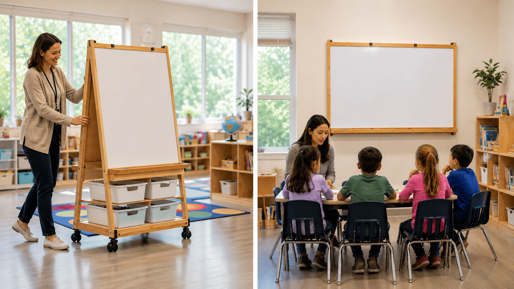 Mobile classroom easel on locking casters shown beside a fixed wall-mounted classroom easel to compare the two options