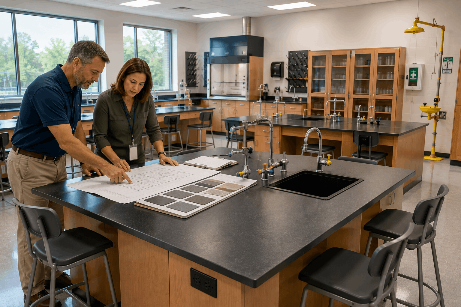 K-12 science lab with island benches, epoxy resin surfaces, integrated utility connections, and safety stations showing the specification decisions covered in this guide.