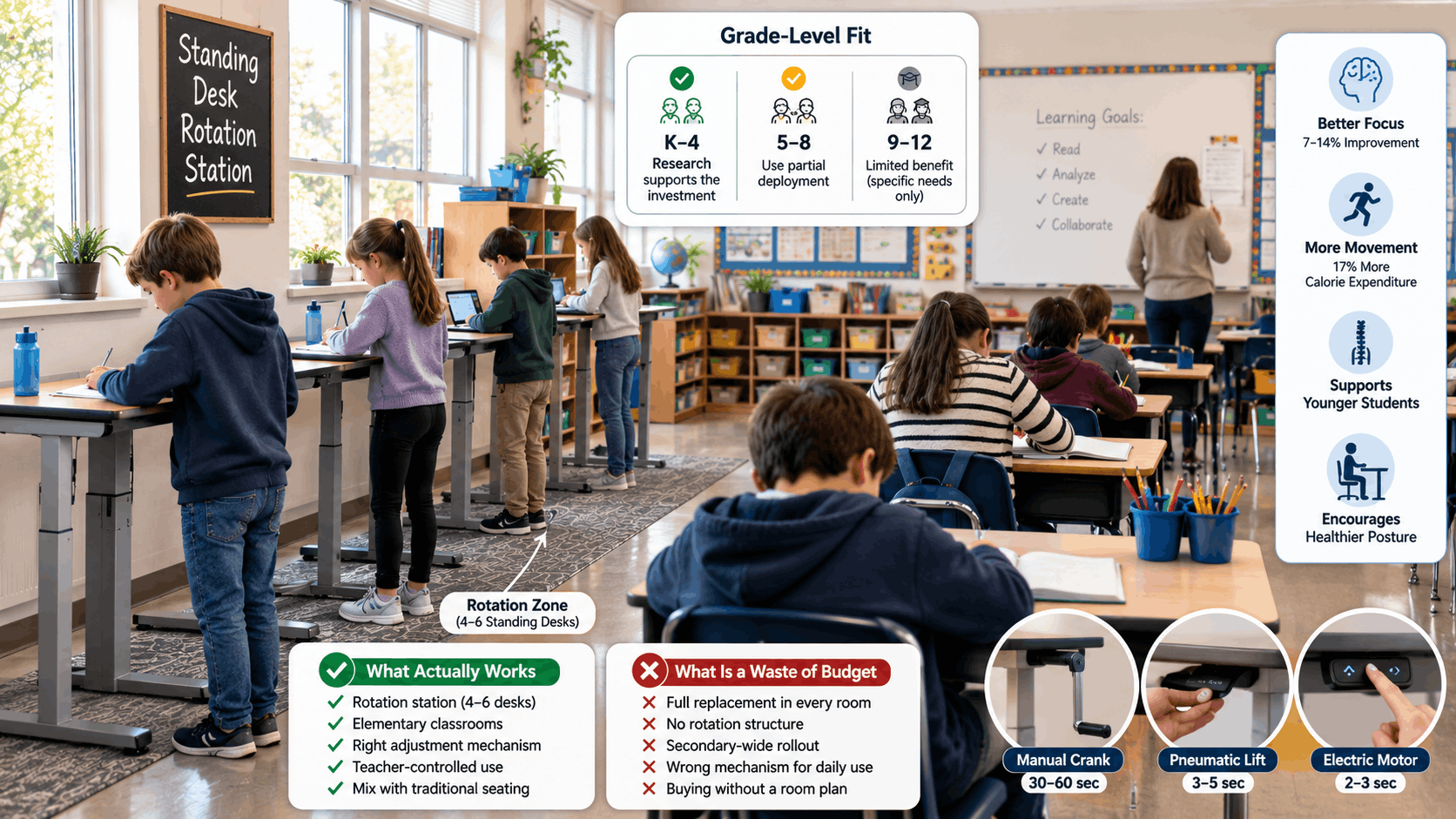 K-3 classroom with four standing desks arranged along one wall as a student rotation station, students working at standard desks in the main arrangement