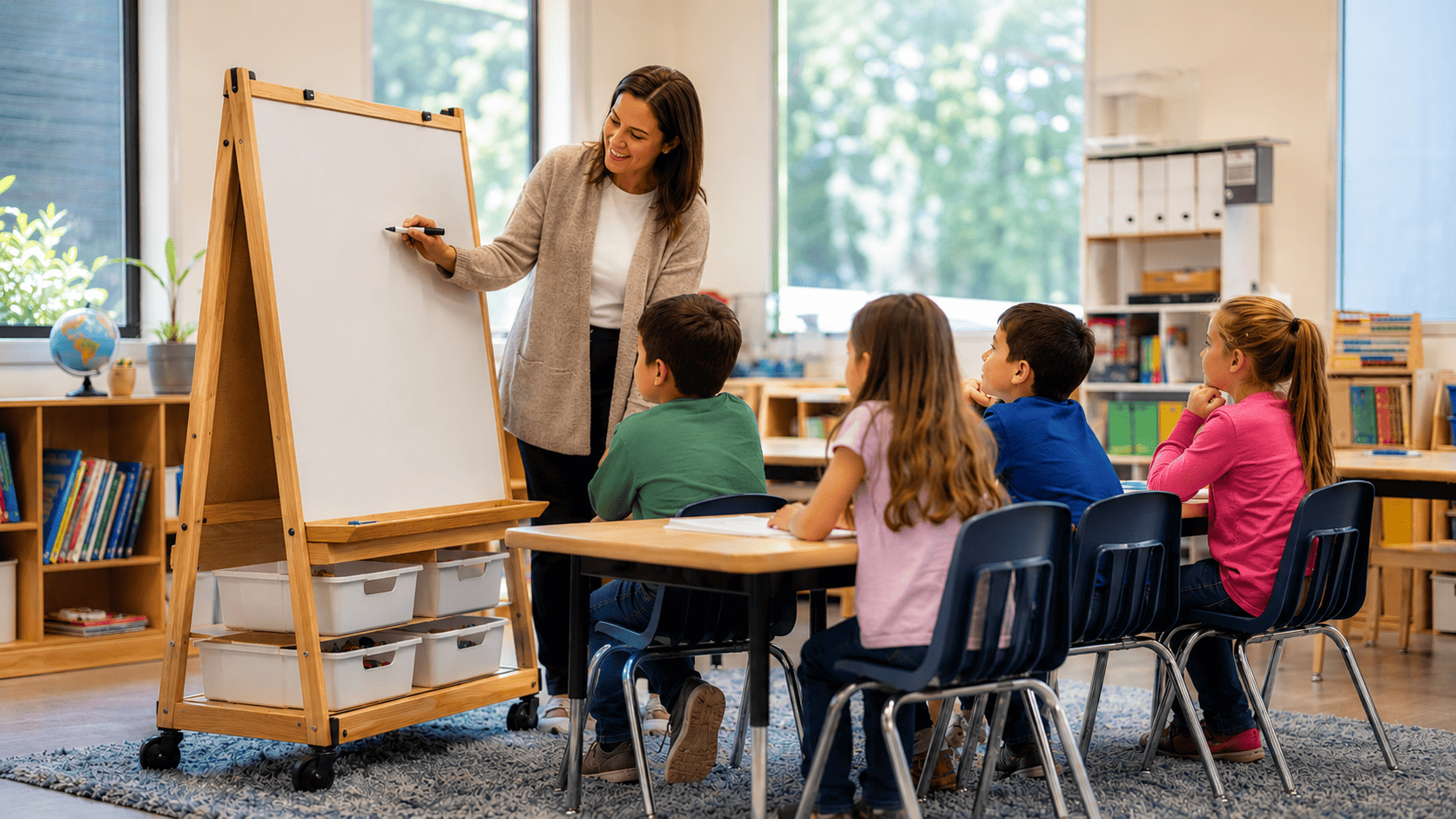 Teacher easel in a modern classroom holding an anchor chart