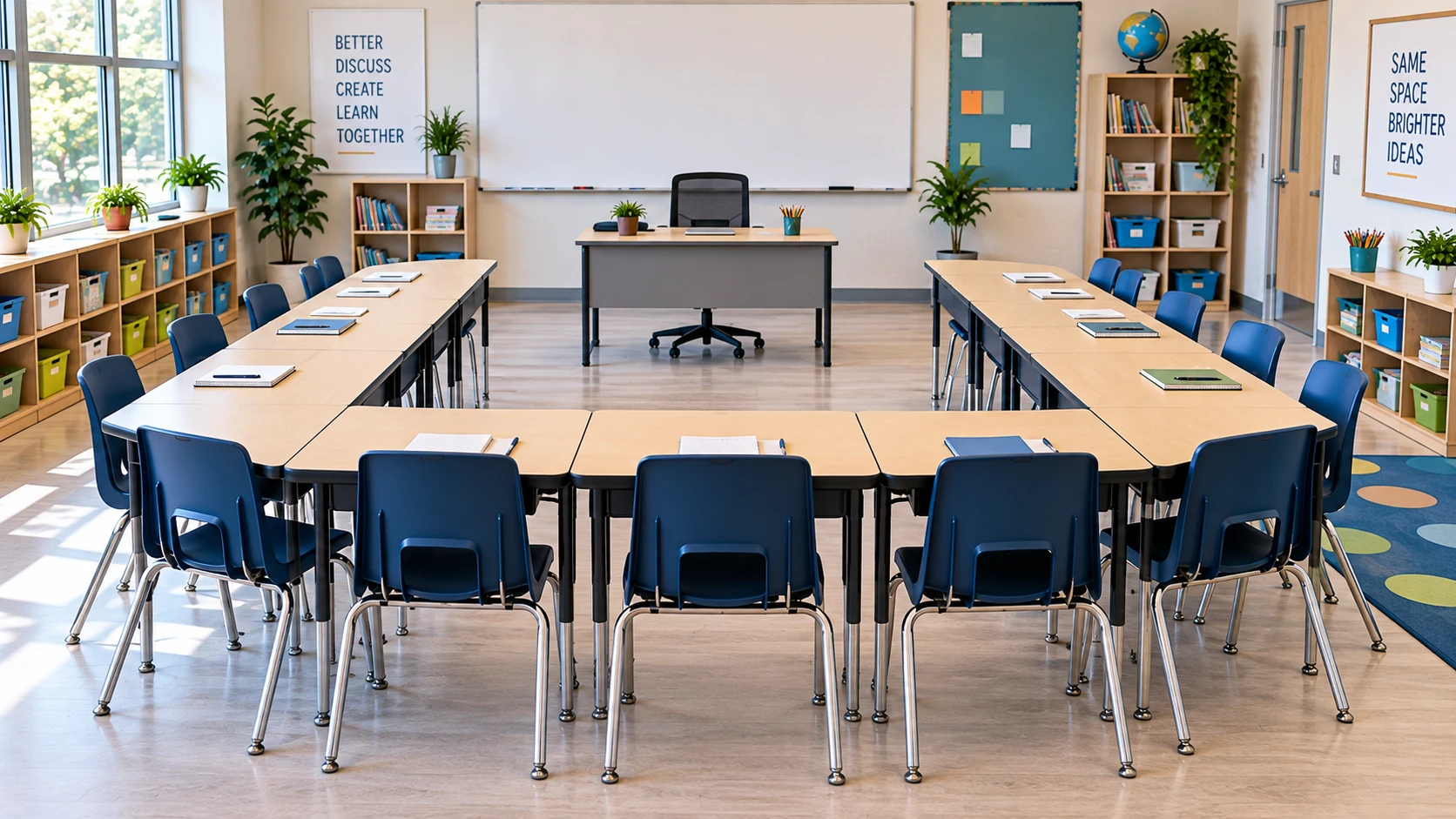 K-12 classroom with a U-shape seating arrangement showing student desks positioned around three sides of the room in a horseshoe layout, teacher at the open end, and clear floor space in the center for movement and eye contact.