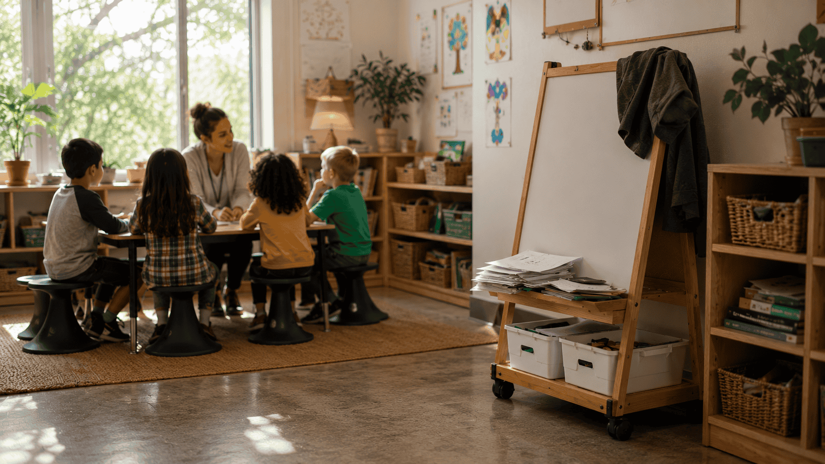 Comparison of a classroom teaching easel in active use during a lesson versus a similar easel sitting unused and covered with clutter
