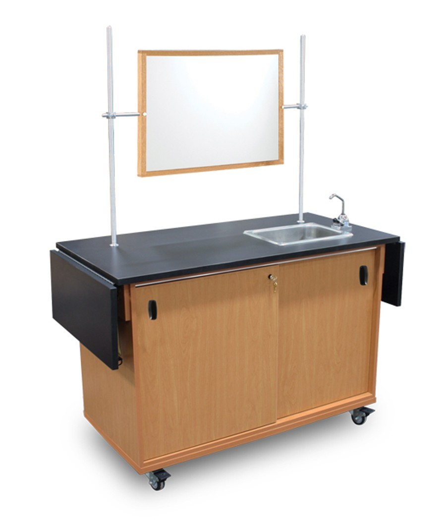 mobile table with storage and demo mirror