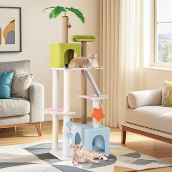 71 Inch Cat Tree Multi-Level Aesthetic Beach-Themed Kitten Tower-Colorful - Color: Multicolor D681-PV10288CL