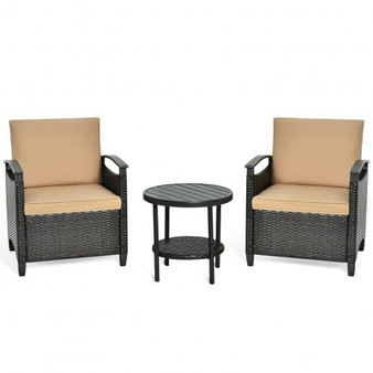 3 Pieces Patio Rattan Furniture Set Cushioned Sofa Storage Table with Shelf Garden B593-HW64401