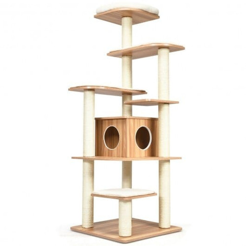7-Layer Wooden Cat Tree Tall Cat Tower with Sisal Posts and Condo-Natural - Color