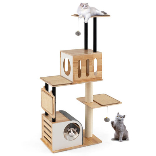Modern Tall Cat Tower with Double Condos with Dangling Balls and Sisal Carpets-Natural - Color: Nat