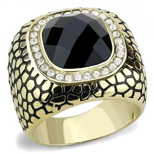 IP Gold(Ion Plating) Stainless Steel Ring with Synthetic Synthetic Glass in Jet
