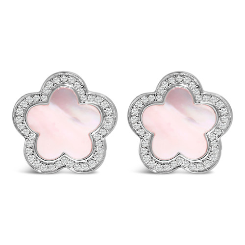 14K White Gold Mother of Pearl and 1/5 Cttw Diamond Halo Star Stud Earrings