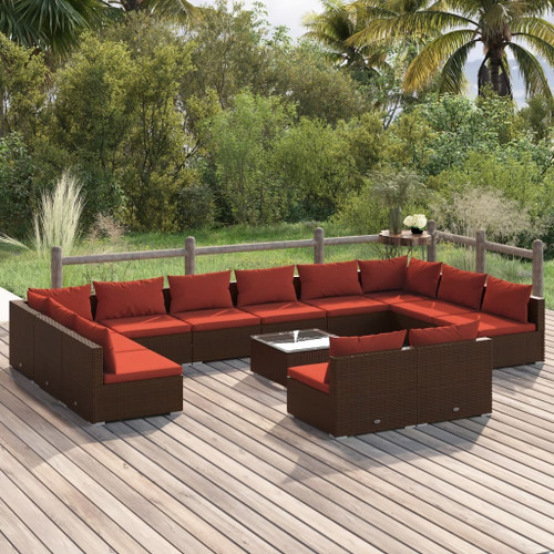 13 Piece Patio Lounge Set with Cushions Brown Poly Rattan