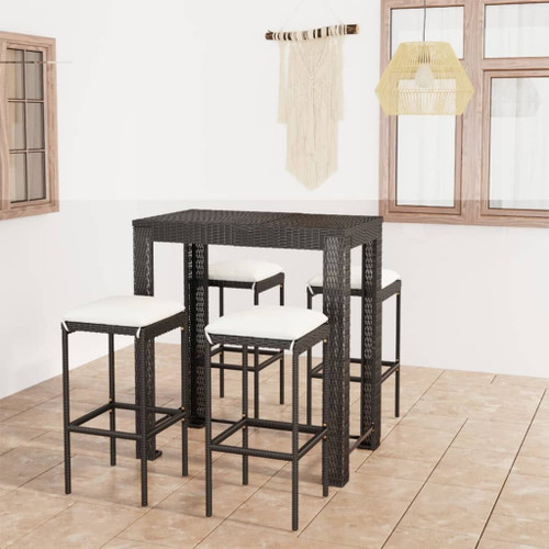 5 Piece Patio Bar Set with Cushions Poly Rattan Black
