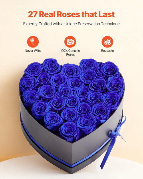 Forever Flowers, 27 Preserved Roses in a Heart Shape Box, Eternal Flowers Immortal Bouquet Birthday