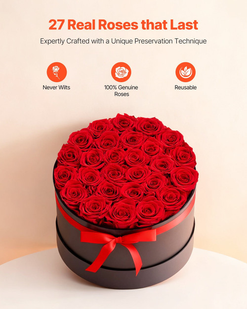 Forever Flowers, 27 Preserved Roses in a Box, Eternal Flowers Immortal Bouquet Birthday Present for