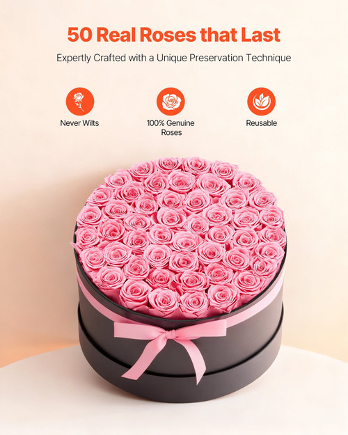 Forever Flowers, 50 Preserved Roses in a Box, Eternal Flowers Immortal Bouquet Birthday Present for