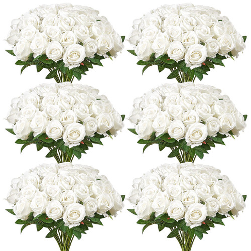  Artificial Flowers, 120 pcs Real Looking White Foam Fake Roses Bulk, White Faux Bridal Shower with