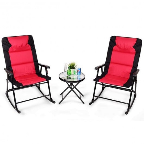 3 Pcs Outdoor Folding Rocking Chair Table Set with Cushion-Black & Red - Color: Red