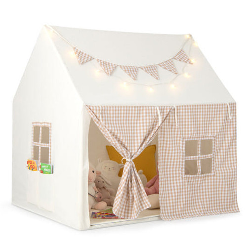 Kids Play Tent Large Playhouse with Padded Mat and 2 Breathable Windows-Beige - Color: Beige