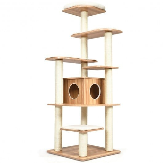 7-Layer Wooden Cat Tree Tall Cat Tower with Sisal Posts and Condo-Natural - Color: Natural D681-PS7431
