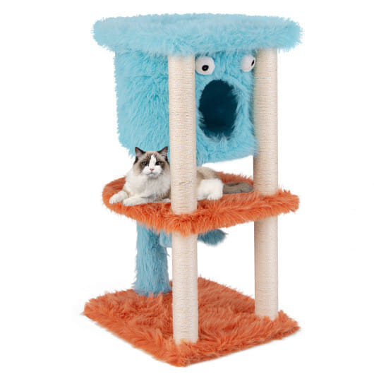 Cute Monster-Themed Cat Tower with Private Condo and Soft Long Plush-Blue - Color: Blue - Size: 3-T