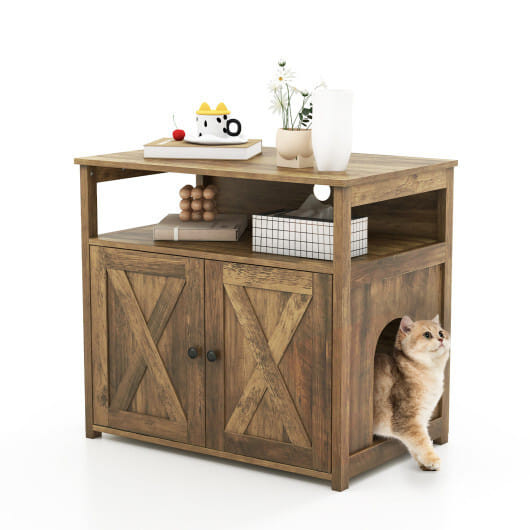 Cat Litter Box Enclosure with Double Barn Doors  Divider Side Entry and Storage Shelf