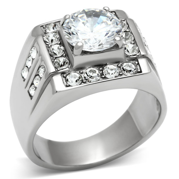 High polished (no plating) Stainless Steel Ring with AAA Grade CZ  in Clear