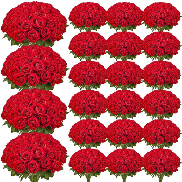 Artificial Flowers, 500 pcs Real Looking Red Foam Fake Roses Bulk, Faux Red Bridal Shower with Stem