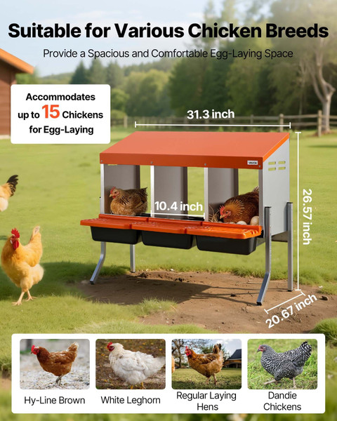 Chicken Nesting Boxes, 3 Compartments, with Support Legs, Easy Egg Collection, Galvanized Steel and