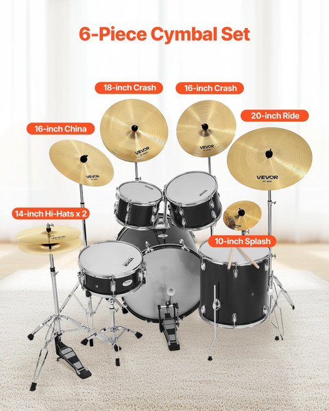 Cymbal Pack, 6 Pieces Cymbals for Drum Set, Alloy Cymbals Drum Set Includes 14-inch Hi-Hats, 16-inc