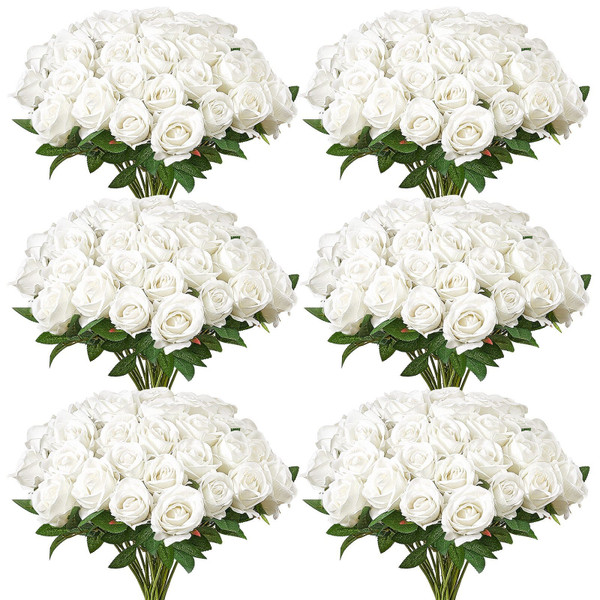  Artificial Flowers, 120 pcs Real Looking White Foam Fake Roses Bulk, White Faux Bridal Shower with