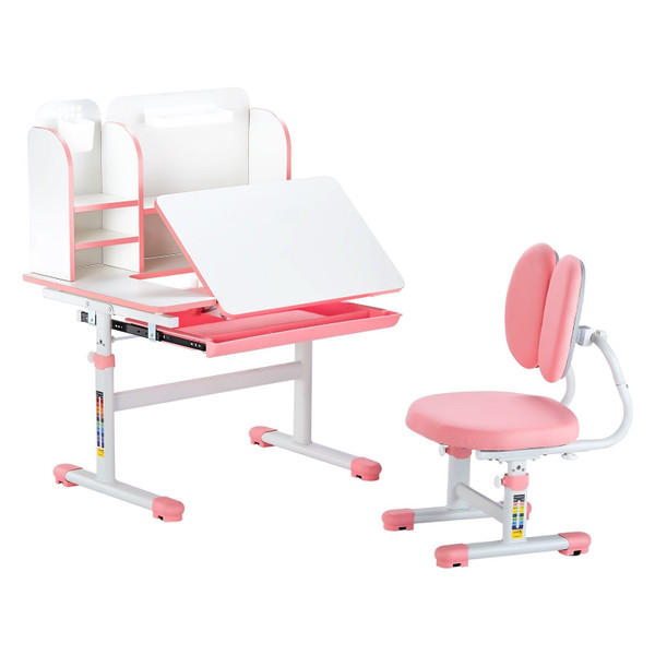 Kids Study Chair and Desk Set, Study Desk and Chair for Kids with Bookshelf & Storage Drawer, Adjus