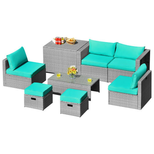 8 Pieces Patio Rattan Furniture Set with Storage Waterproof Cover and Cushion-Turquoise - Color: Tu