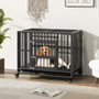 Foldable Heavy-Duty Metal Dog Cage Chew-proof Dog Crate with Lockable Universal Wheels - Color: Bla D681-PU10037