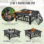 32 Inch 3 in 1 Outdoor Square Fire Pit Table with BBQ Grill and Rain Cover for Camping - Color: Bla D681-JV10256