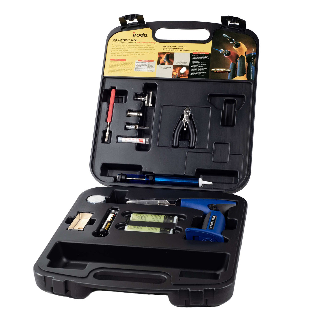 Kit includes multiple soldering accessories including 3 inter-changeable tips and heat deflector