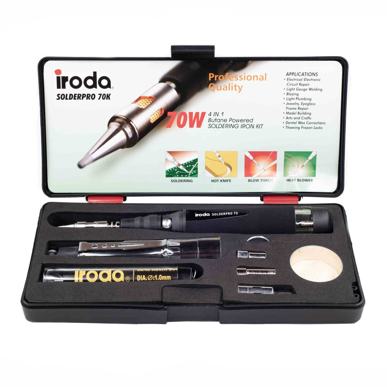 Pro-Iroda SP-70 Soldering Iron Kit.  Includes Carrying Case, Solder Coil, Safety Cap with Starter Flint, and 4 Interchangeable Tips (Conical, Hot Knife, Hot Air and Torch Tip)