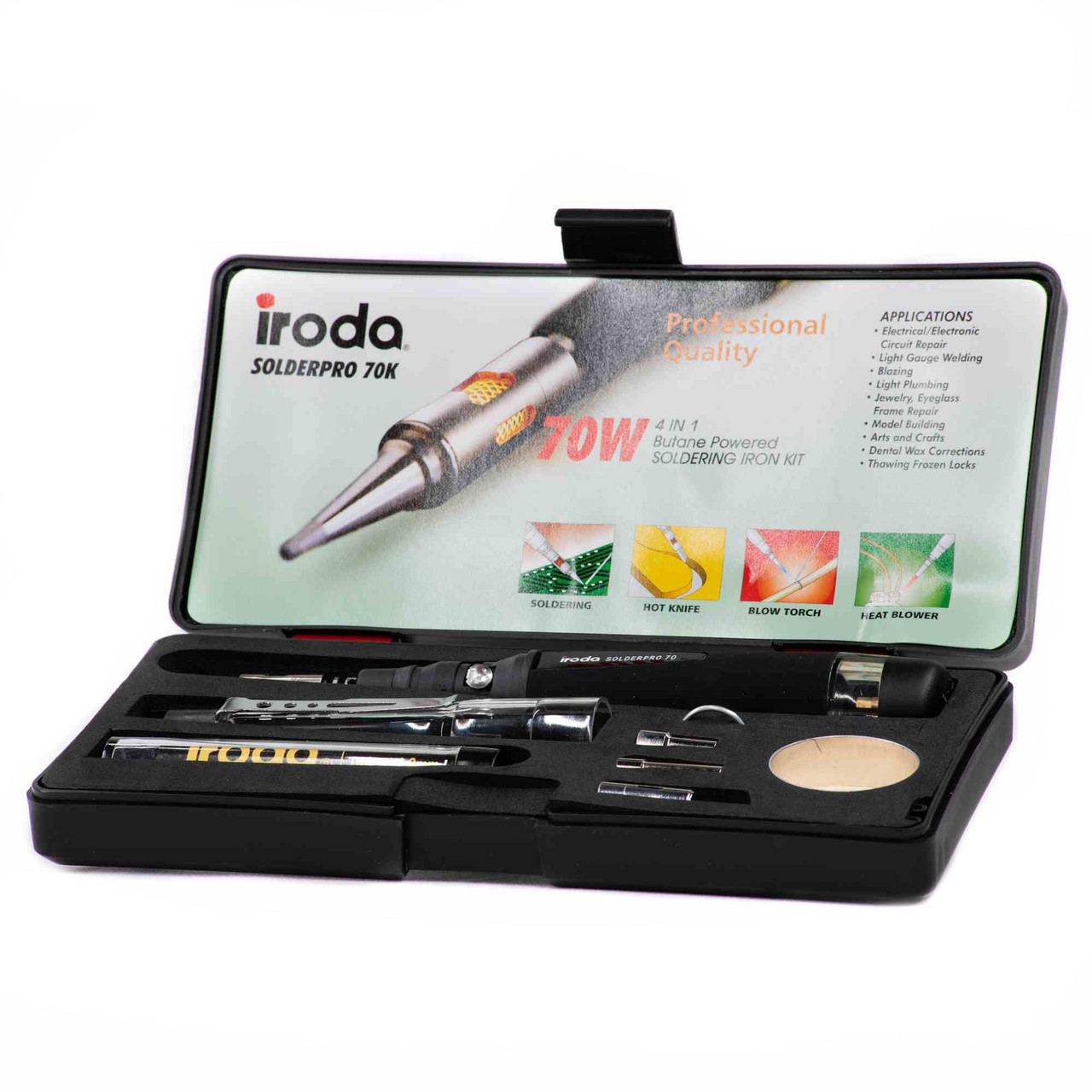 Iroda SP-70 Soldering Iron Kit.  Includes Carrying Case, Solder Coil, Safety Cap with Starter Flint, and 4 Interchangeable Tips (Conical Head, Hot Knife, Hot Air and Torch Tips)
