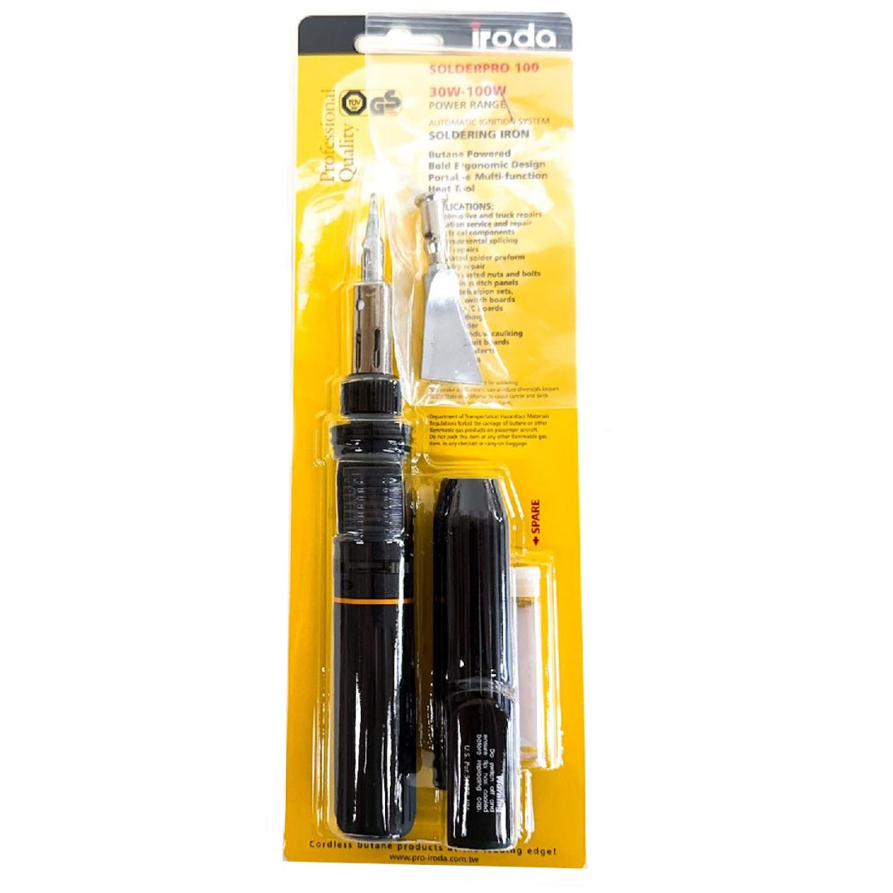 Includes Iroda's Pro-100 soldering iron, protective cap, PS14 Orifice Assembly and CT16 flat bladed tip and catalyst! Includes Iroda's Pro-100 soldering iron, protective cap, PS14 Orifice Assembly and CT16 flat bladed tip and catalyst!