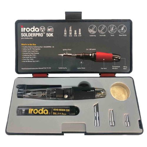 Iroda SP-50 Soldering Iron Kit.  Includes Carrying Case, Solder Coil and 3 additional SP-50 tips (Hot Knife, Hot Air and Torch Tips)