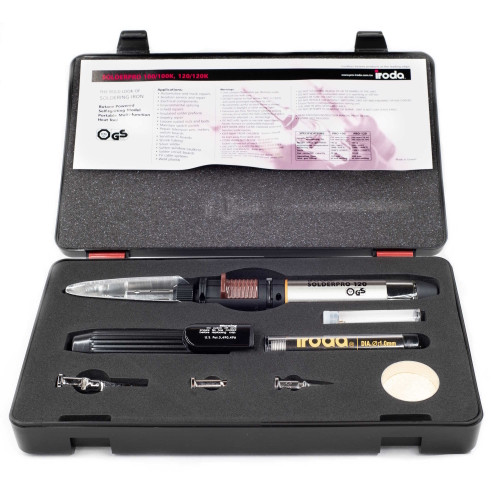 Iroda SP-120 Soldering Iron Kit.  Includes Carrying Case, Solder Coil, Safety Cap, Clean up Sponge and 4 High Quality Interchangeable Tips (Conical, Chisel, Hot Knife, Hot Air Blower)