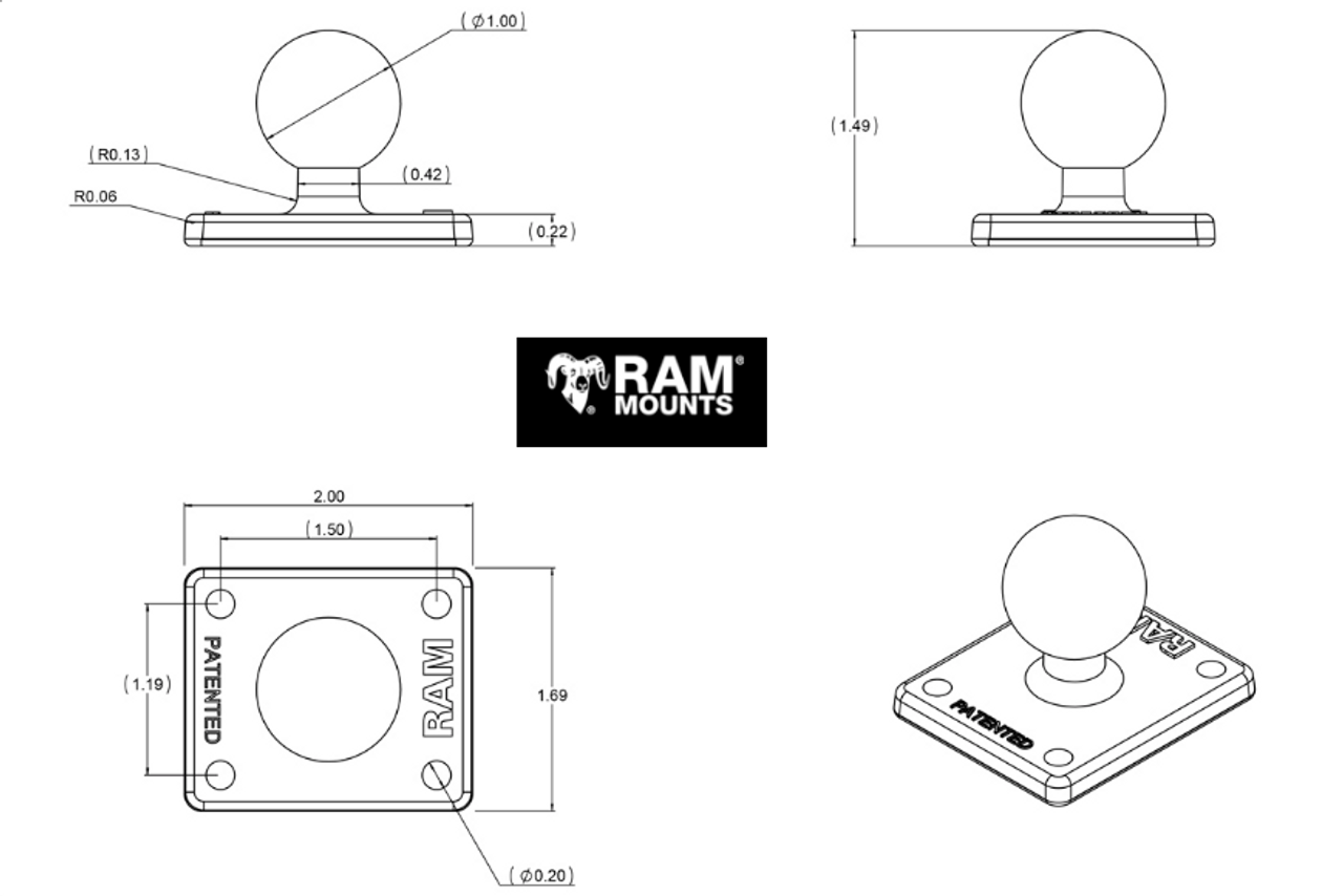 RAM® 2" x 1.7" Base with 1" Ball (RAM-347U) Lamonster Approved