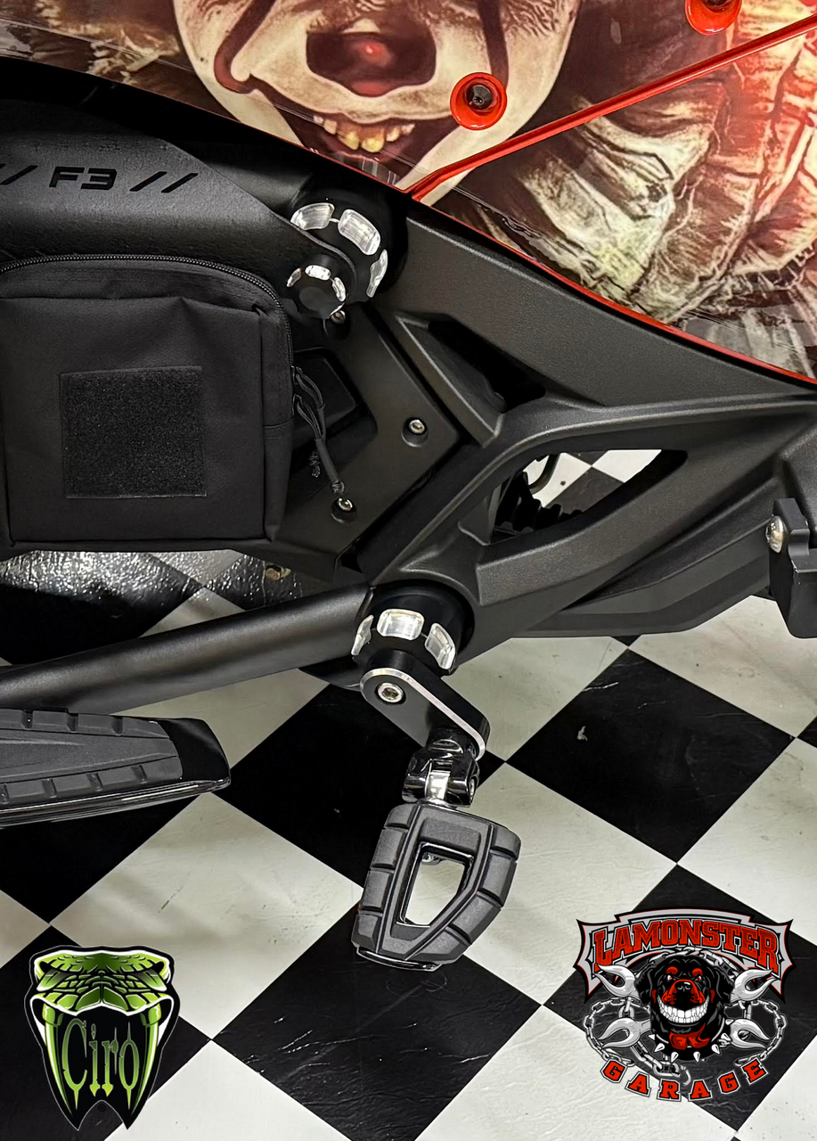 Can-Am Spyder F3 IPS frame caps with Ciro Chicane flip-up pegs | LG-1017-1043-61620 | Lamonster Garage