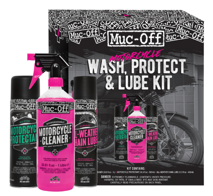 Muc-Off motorcycle cleaning kit with cleaner protectant and all-weather chain lube | 200095US / 3704-0406 | Lamonster Garage