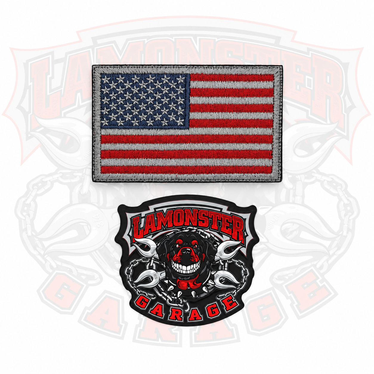 Lamonster USA Flag Patch | LG-2021 | Lamonster Garage
INCLUDES:  1 - Patch 3 1/4"X2" 1 - Lamonster Decal 2"X2"