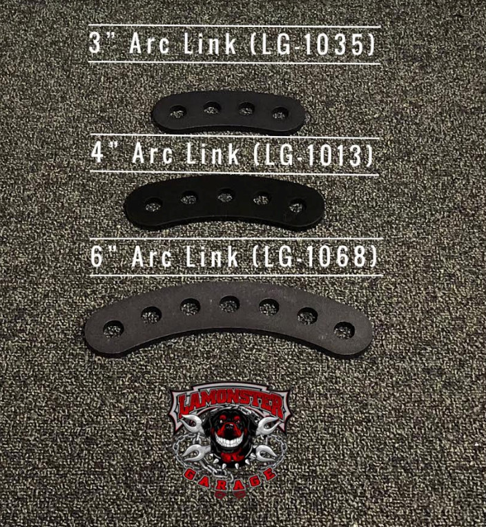 Lamonster® 3" Arc Links for Can-Am Spyder Highway Brackets | LG-1035 | Lamonster Garage
4" Arc Links (LG-1013)
6" Arc Links (LG-1068)
Will work with all Lamonster Hwy Brackets.