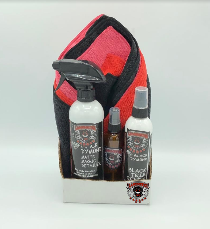 Black Dymond Matte Magic motorcycle detailing gift pack with trim renew and microfiber towels | LG-5008 | Lamonster Garage