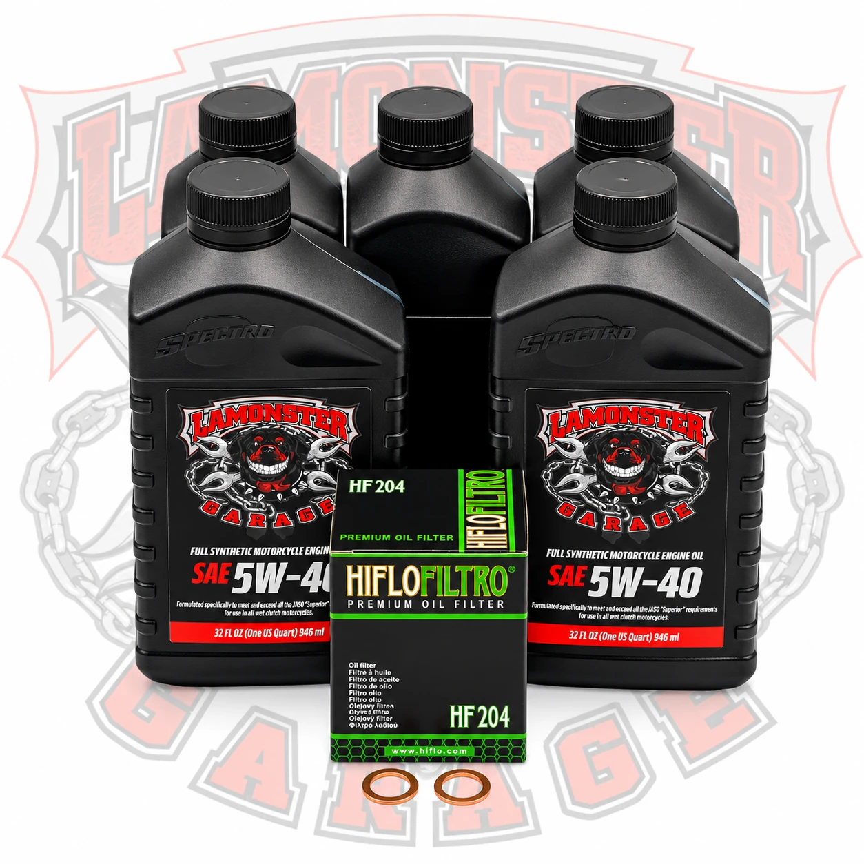 Lamonster Garage Full Synthetic Oil Change Kit | LG-605-2045 | Filter / HF204
Compatible: KAWASAKI, VN 1500, VN 1700 Vaquero, VN 1700 Voyager, VN 2000. And most other Honda, Yamaha and Kawasaki motorcycles that use the HF204 oil filter and 5 quarts of oil, consult your owners manual for details.  