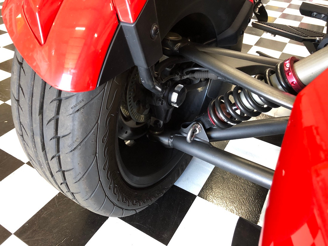 Lamonster stainless steel front tie-down ring installed on Spyder lower shock bolt | LG-1089 | Lamonster Garage