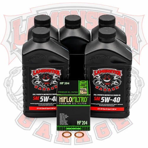 Lamonster Garage Full Synthetic Oil Change Kit | LG-605-2045 | Filter / HF204
Compatible: KAWASAKI, VN 1500, VN 1700 Vaquero, VN 1700 Voyager, VN 2000. And most other Honda, Yamaha and Kawasaki motorcycles that use the HF204 oil filter and 5 quarts of oil, consult your owners manual for details.  