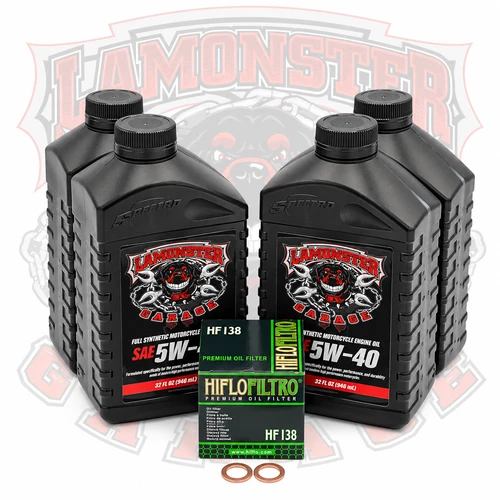 Lamonster Garage Full Synthetic 4 quart Oil Change Kit | Filter / HF138 | LG-605-1384
Compatible: #SUZUKI, VL 1500 Intruder LC, VZ 1500 M90, VZR 1800 M109, VL C90, VL 800 C50 Intruder, VZ 800 M50 Marauder. And most other Suzuki motorcycles that use the HF138 oil filter and 4 quarts of oil, consult your owners manual for details.  