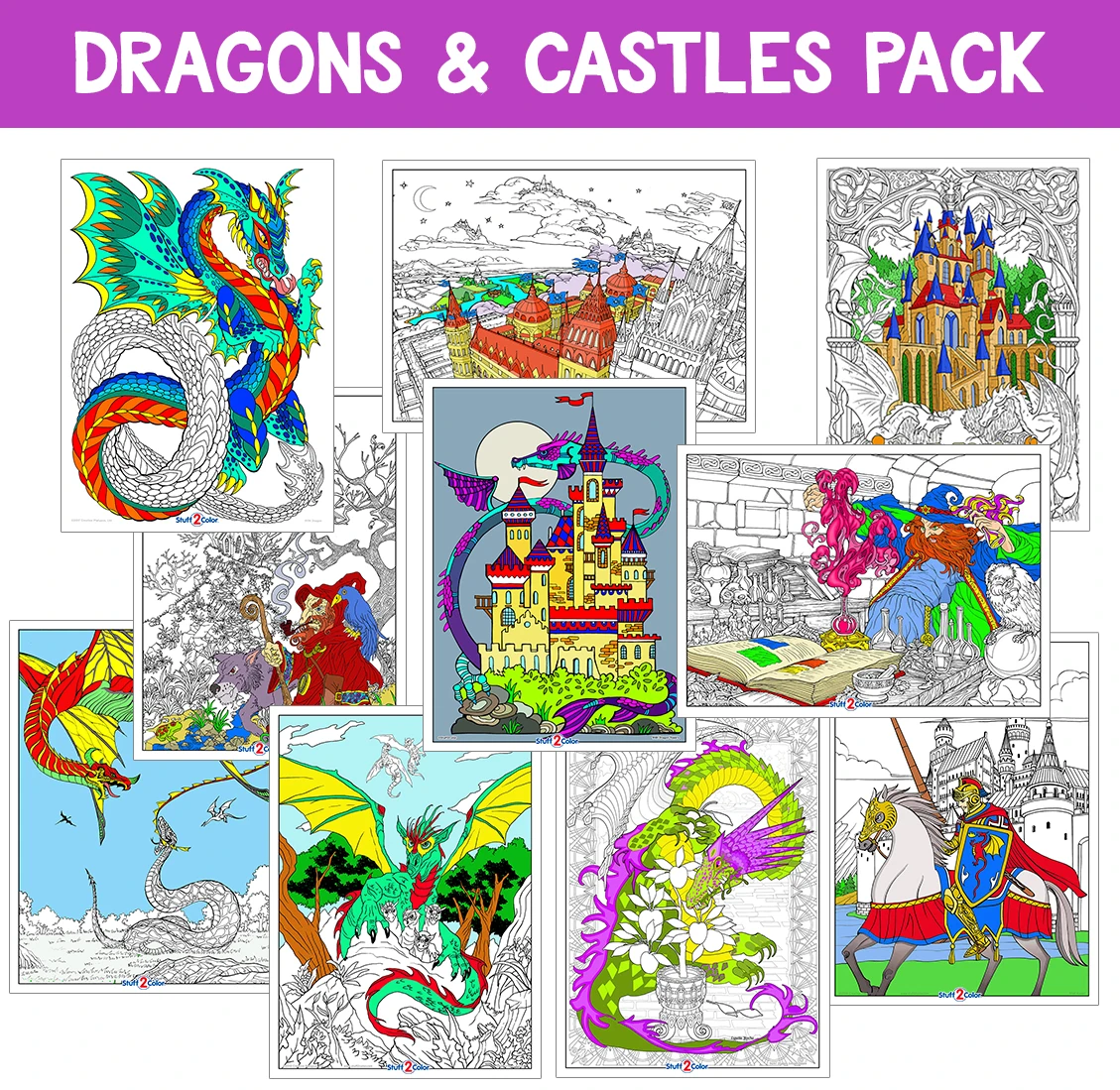 Dragons, Castles, and Fantasy - Coloring Poster 10-pack